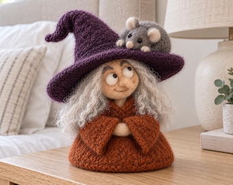 Handmade Halloween Witch Figurine with Animal Friend, Felt Fall Tabletop Decor, Spooky Gift