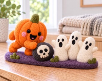 Handmade Halloween Felt Pumpkin Figurines, Gift for Kids, Spooky Shelf Decor