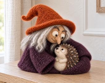 Handmade Halloween Witch Figurine with Animal, New Zealand Wool Felt Decor, Witch Lover Gift