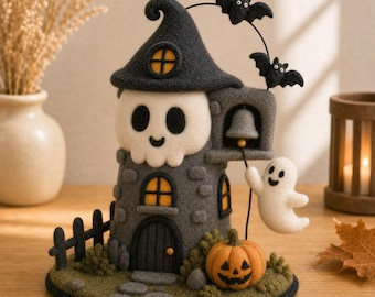 Felt Haunted House Diorama, Halloween Centerpiece, Spooky Skull Tower Decor