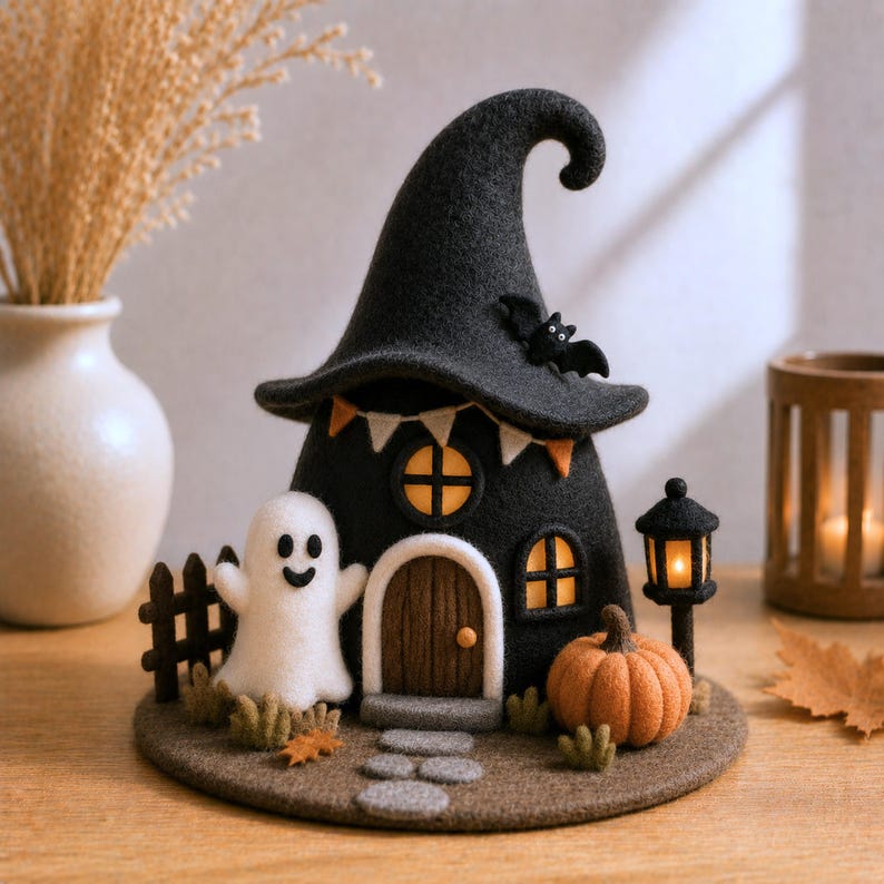 K&ouml;nnte beinhalten: Eine gefilzte Halloween-Szene mit einem schwarzen Haus in Form eines Hexenhutes, einer Holzt&uuml;r, leuchtenden Fenstern und einem wei&szlig;en Geist. Das Arrangement umfasst einen kleinen orangefarbenen K&uuml;rbis, eine Fledermaus und eine Laterne.