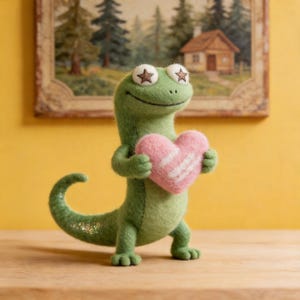 Puede incluir: Figura artesanal de fieltro verde de un lagarto sosteniendo un corazón rosa con rayas blancas. El lagarto tiene ojos en forma de estrella y una expresión sonriente. La cola tiene detalles de purpurina. Fondo con pintura.