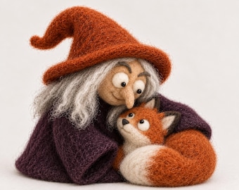 Needle Felted Witch Figurine with Animal, Handmade Wool Halloween Decor