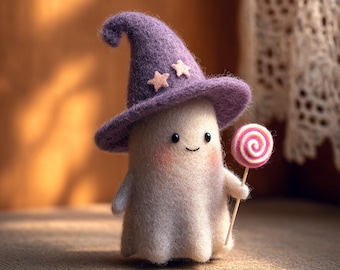 Handmade Wool Felt Ghost Ornament: Halloween Witch Hat Decor