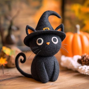 Personalized Felt Halloween Black Cat & Witch Hat, Handmade Wool Felted Halloween Decor, Fall Desk Decor, Felt Ornament, Cute Halloween Gift