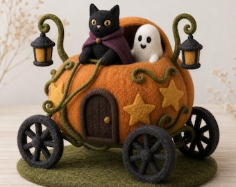 Handmade Felt Pumpkin Carriage, Halloween Ghost Cat Decor, Kids Boo Basket Gift
