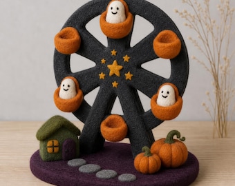 Handmade Felt Halloween Village Decor, Mini Spooky Scene Ornament, 12cm Shelf Display, Collectible Gift