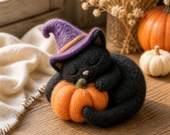 Handmade Felt Black Cat Halloween Ornaments, Pumpkin Witch Cat Figurine, Fall Decor, Kids Gift