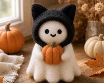 Felt Ghost Pumpkin , Halloween Witch Hat Ornaments, Handmade Fall Decor, Trick or Treat Gift