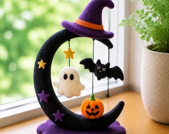 Handmade Felt Halloween Ghost Decor Set | Witch Pumpkin Bat Cat Figurines Fall Decor