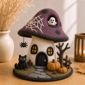 Könnte beinhalten: Ein nadelgefilztes Pilzhaus als Dekoration mit einem violetten Hut, einer weißen Spinnweben-Applikation, einem kleinen weißen Geist im Fenster, einer schwarzen Katze, zwei orangefarbenen Kürbissen, einem kahlen Baum und einem Zaun.
