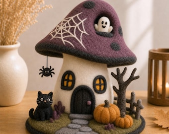 Handmade Felt Ghost Cottage, Halloween House Decor, Autumn Shelf Accent, Boo Basket Gift for Kids