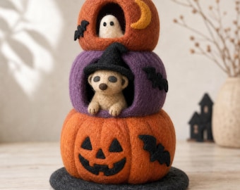 Halloween Felt Animal Decor, Cute Spooky Pumpkin Ghost Figurine, Whimsical Fall Gift
