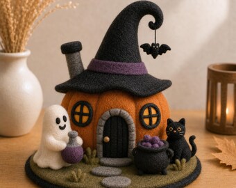 Handmade Felt Witch Cottage, Halloween Ghost Scene, Pumpkin Shelf Decor
