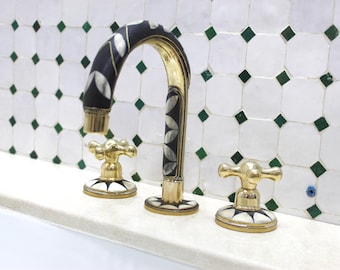 Unlacquered Brass & Resin Bathroom Faucet – Antique Deck-Mounted Design with various Handles, Solid Brass Construction