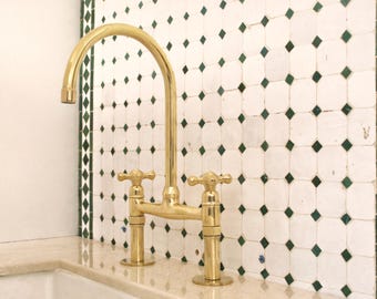 Unlacquered Brass Bridge Kitchen Faucet , Vintage Solid Brass Handmade Tap