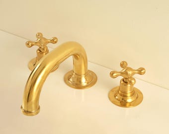Vintage Solid Brass Deck-Mount Bathroom Faucet ,Unlacquered Brass 3-Hole Sink Tap