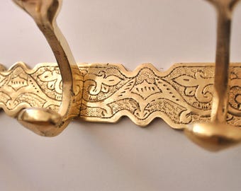 Handmade Moroccan Brass Coat Hanger: Engraved Wall Mounted Hanging Hooks, Coat Rack