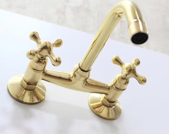 Solid Unlacquered Brass Wall Mount Faucet: Cross Handles, Bathroom Fixture