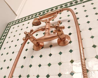 Unlacquered Copper Wall Mount Shower System, Vintage Telephone Faucet