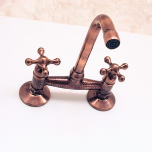 Copper Wall Mounted Faucet, Wall mounted Brass tap, Copper Bathroom faucet, Copper Faucet, Vessel Sink Faucet with cross handles