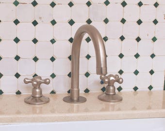 Handmade Nickel Brass 3-Hole Faucet, Deck Mount Sink with Cross Handles
