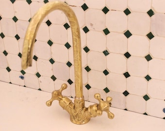 Unlacquered Brass Gooseneck Faucet, Single-Hole sink Faucet, Dual-Handle Design