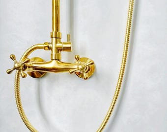 Unlacquered Brass Rainfall Shower System, Wall-Mounted 8” Rain Shower with Handheld, Cross Handles