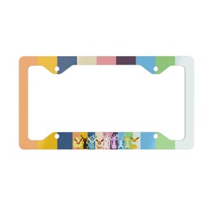 May include: A rectangular license plate frame with a white border and a colourful top and bottom design. The top has vertical stripes of orange, yellow, blue, pink, purple, and green. The bottom features cartoon characters.