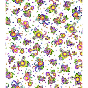 May include: A white fabric featuring a repeating pattern of colorful paisley and floral motifs in vibrant shades of purple, pink, yellow, green, and blue, interspersed with small orange and blue teardrop shapes across the entire surface.