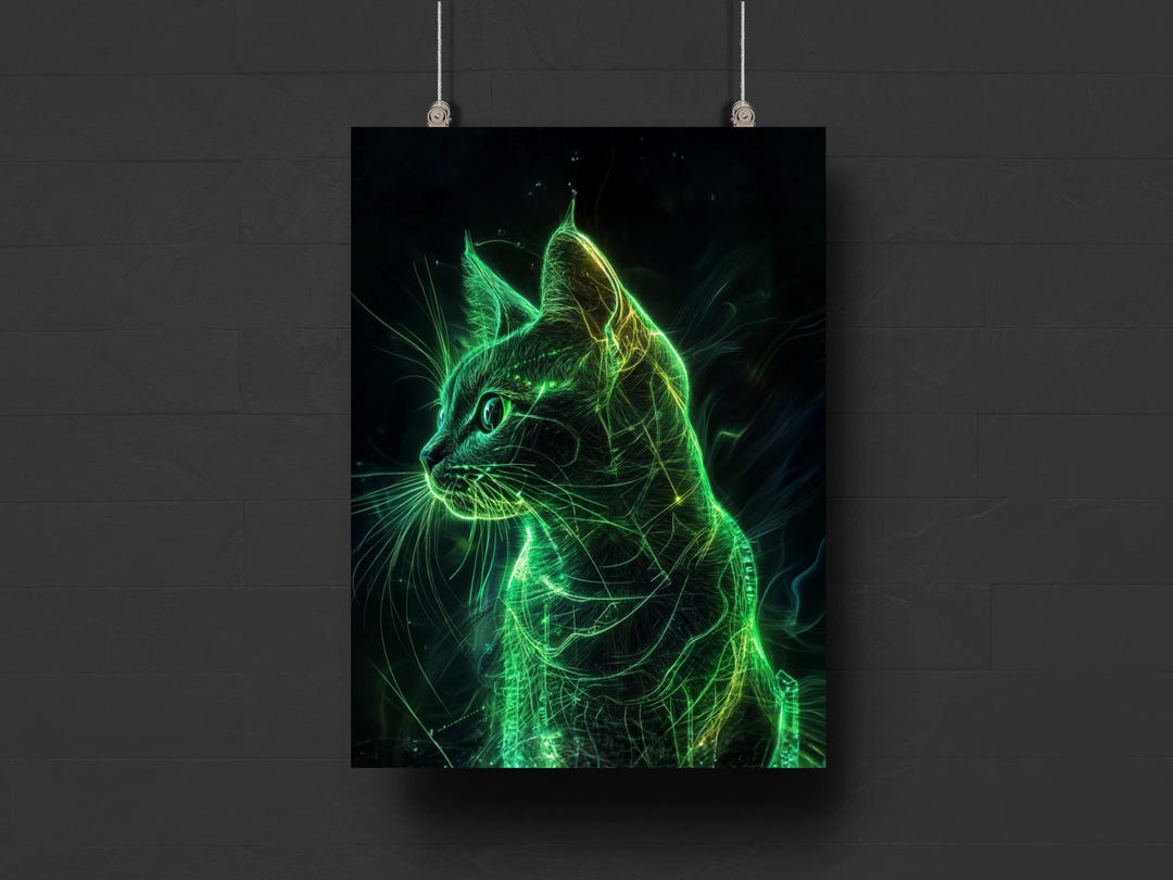 Cyberpunk Cat Portrait Print, Neon Glow Tech Wall Art - Etsy
