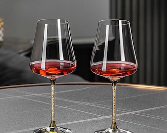 High-end gold foil red wine glasses | large crystal Burgundy wine glasses | handmade glass stemware | wine glasses | Christmas glasses