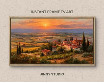 Tuscan Hilltop Sunset Digital Art – Vintage Vineyard Wall Print with Cypress Trees & Terracotta Roofs, Frame TV Italian Decor