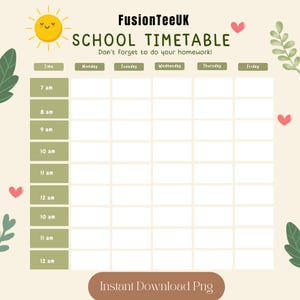 Puede incluir: Una plantilla de horario escolar con una ilustración de sol alegre y el texto "SCHOOL TIMETABLE". El diseño incluye franjas horarias de 7 am a 12 am, con los días de la semana en la parte superior. También se incluye el texto "Don't forget to do your homework!"