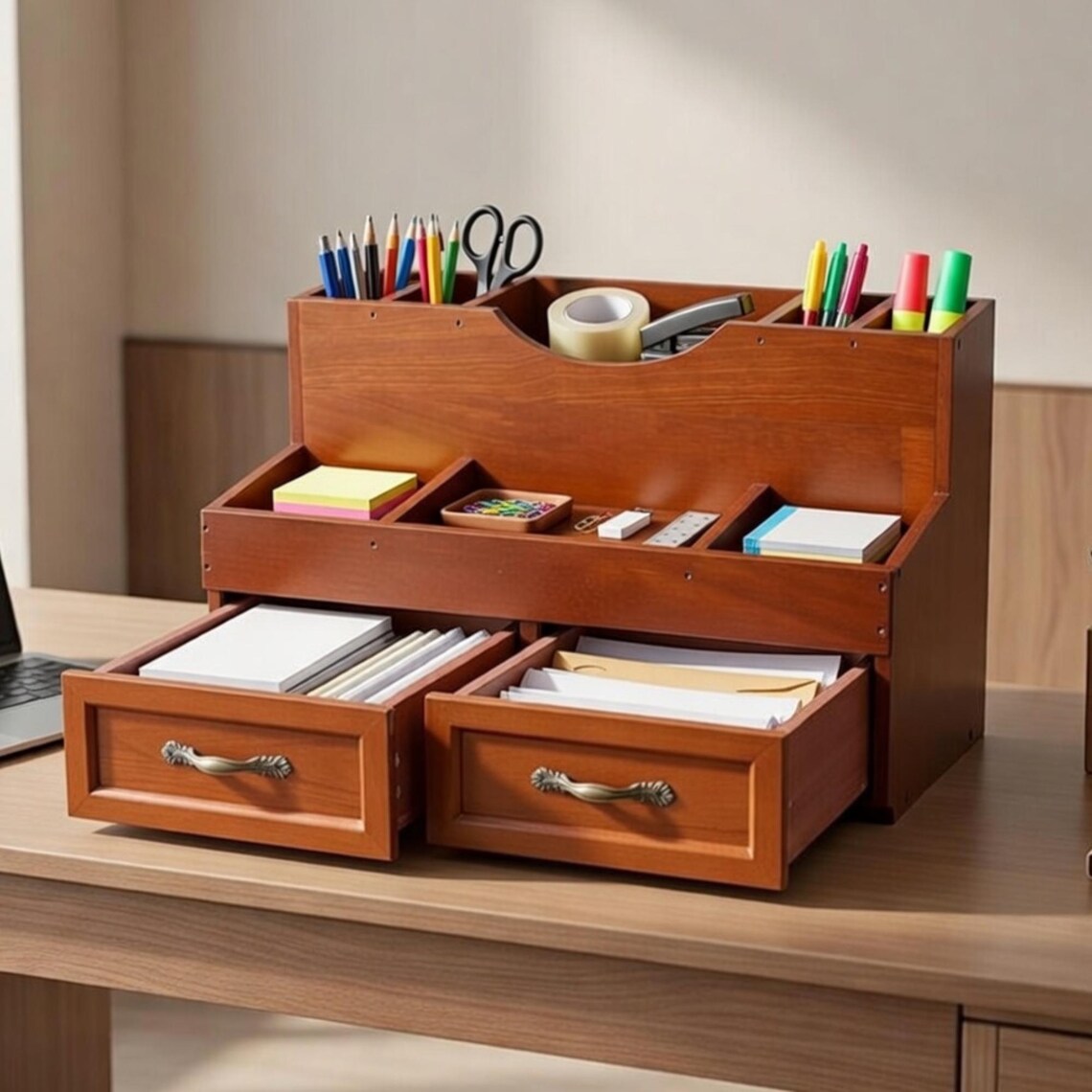 Wood Desk Organizer With Drawers, Vintage Desktop Storage Cabinet ...