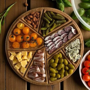 Divided Wooden Serving Tray for Snacks, Appetizers & Desserts, Round Fruit Plate with Compartments for Candy, Nuts, Treats
