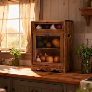 Puede incluir: Un armario de almacenamiento de madera rústica con puertas de malla metálica, lleno de varias cebollas, ajos y otros productos. El armario está teñido de un marrón cálido y se encuentra sobre una encimera de madera, con una ventana y cortinas en el fondo.