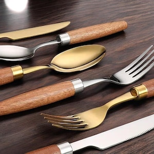4-teiliges Sapele Holzgriff Besteck Set | Edelstahl Messer Gabel Löffel | Western Besteck Dishwasher Safe Utensilien
