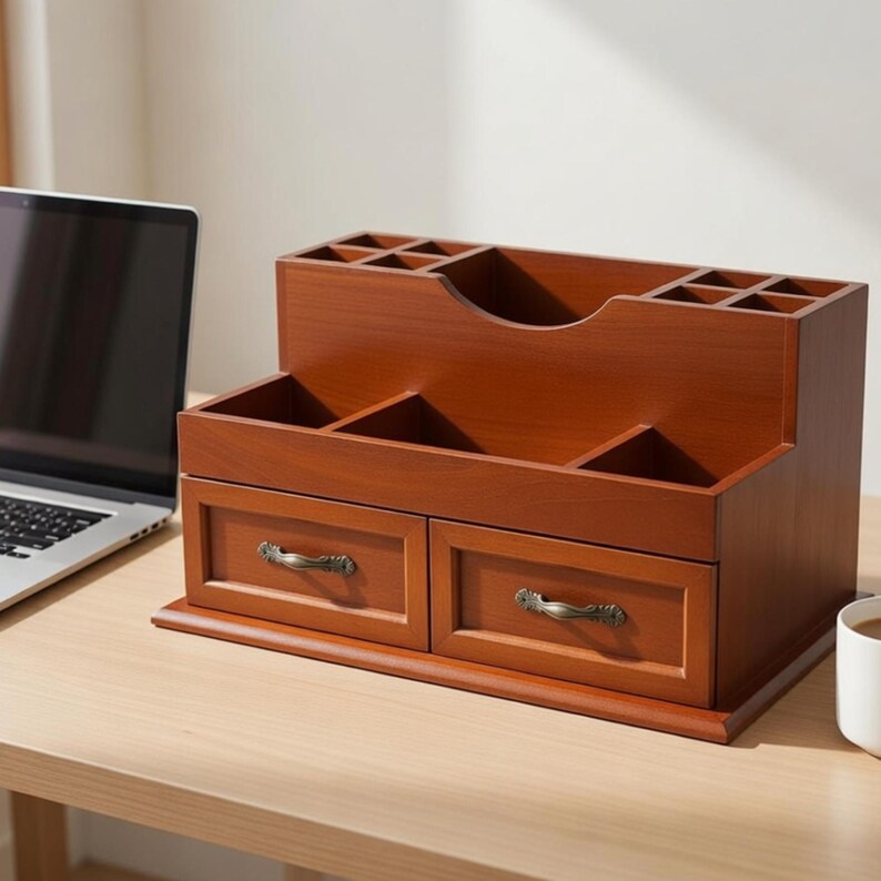 Wood Desk Organizer With Drawers, Vintage Desktop Storage Cabinet ...