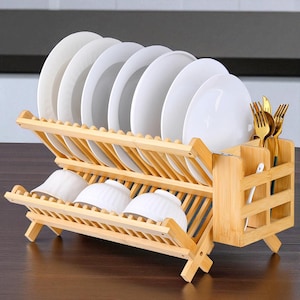 2-Tier Collapsible Bamboo Dish Drying Rack | Foldable Wooden Dish Drainer with Utensil Holder | Space-Saving Kitchen