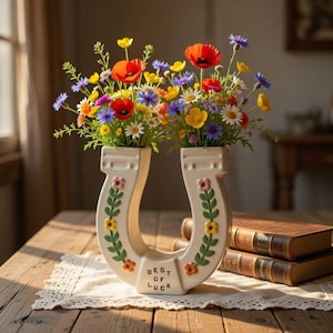 以下が含まれることがあります： 赤いポピーや黄色いキンポウゲなど、色とりどりの野花が活けられた、蹄鉄型の花瓶。クリーム色の花瓶には花と葉の模様があり、「BEST OF LUCK」の文字が刻まれています。木製のテーブルの上に置かれています。