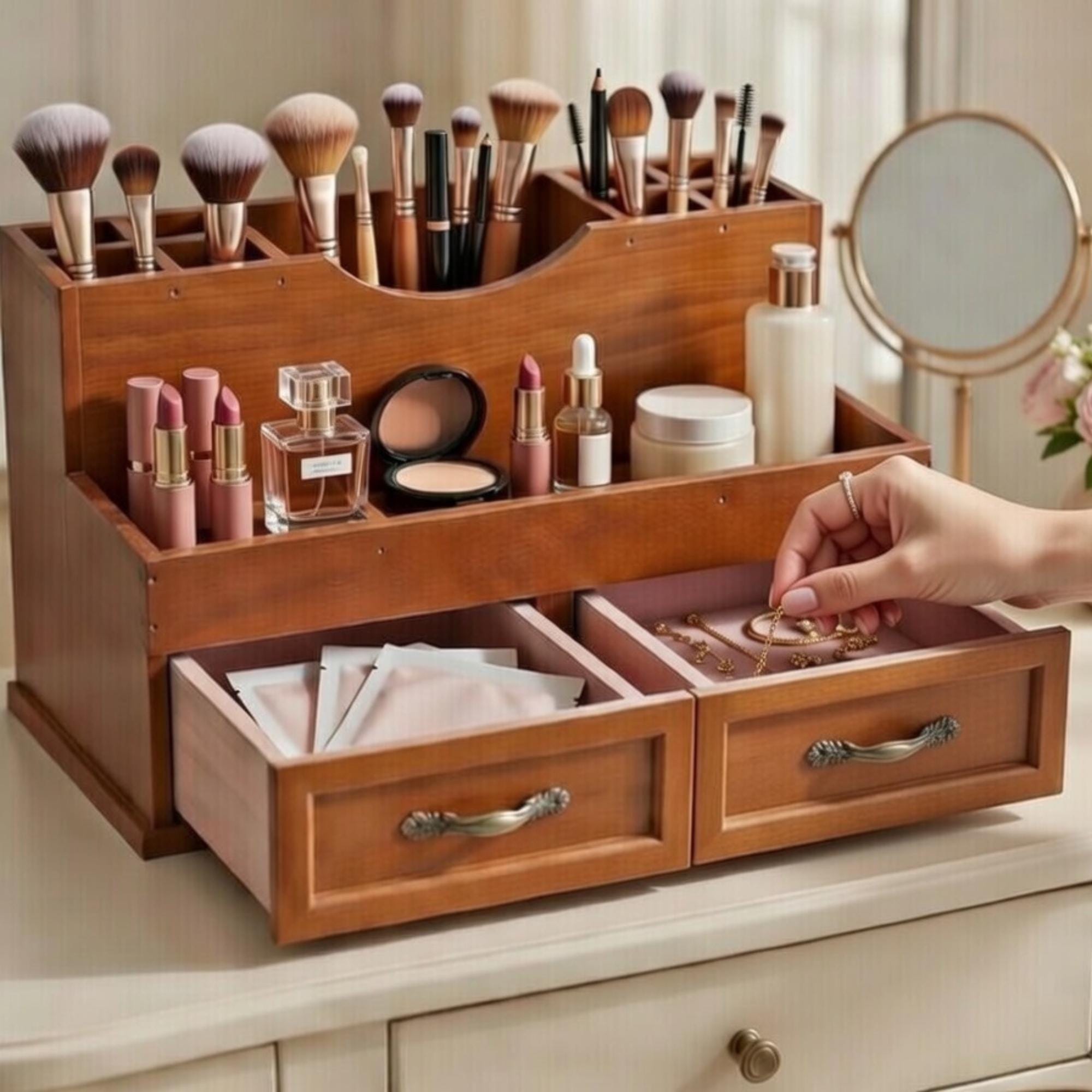 Wood Desk Organizer With Drawers, Vintage Desktop Storage Cabinet ...