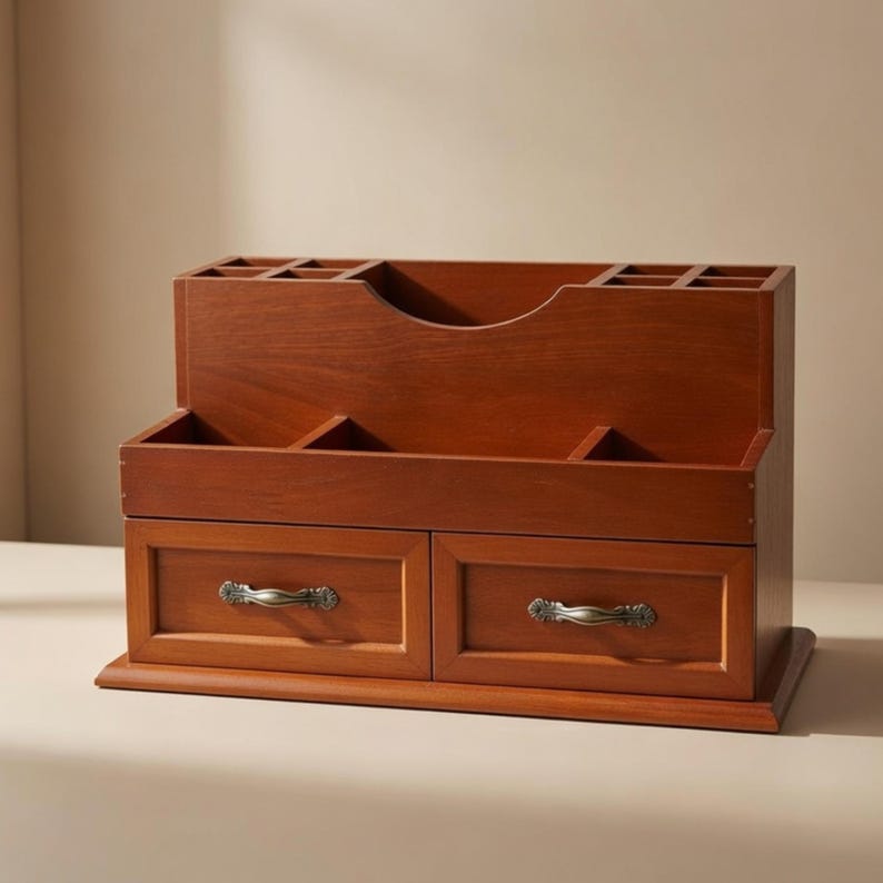 Wood Desk Organizer With Drawers, Vintage Desktop Storage Cabinet ...