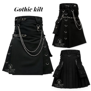 Men&#39;s Gothic Black Utility Kilt Scottish Cotton Kilt With Cargo Pocket Modern Fashion Stud Kilt Size 28&quot; to 62&quot;