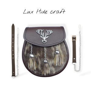 Scottish Chrome Stage Head Badge Kilt Sporran - Men&#39;s Traditional Dark Brown Leather Sporran with Chain Strap