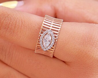 Marquise Diamond Ring | Wide Band Wedding Ring | Lab Grown Diamond Ring | 9k 14k 18k Gold and Silver | Gift for Her