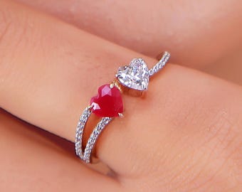 Toi et Moi Ring | Heart Diamond and Ruby Ring | Lab Grown Diamond Ring | 9k 14k 18k Gold and Silver | Gift for Her