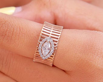Marquise Diamond Ring | Wide Band Statement Ring | Lab Grown Diamond Halo Ring | 9k 14k 18k Gold & Silver | Gift for Her