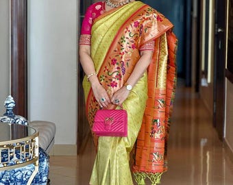 Sari Paithani de seda suave Banarasi | Tejido Kanjivaram elegante | Look de fiesta de boda de diseñador