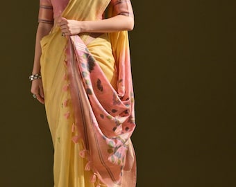 Sari de algodón Muga con pallu Resham Pichwai | Sari floral tejido a mano para mujer | Sari ligero para ocasiones festivas